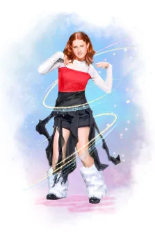 Детский портрет в стиле акварель. На картине изображена девушка с рыжими волосами в ярком наряде: красном топе, чёрной юбке с драпировкой и пушистых белых сапогах. Вокруг неё кружатся светящиеся магические линии, а фон выполнен в нежных пастельных тонах с эффектом мерцания, создающим сказочную атмосферу. Художник Евгения