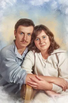 Парный портрет в стиле акварель. На картине изображён мужчина в светло-голубой рубашке обнимает женщину в светлом худи, оба смотрят прямо на зрителя с мягкими, спокойными выражениями лиц. Фон выполнен в нежных пастельных тонах с размытыми облаками, создающими лёгкую и романтичную атмосферу. Художник Анна