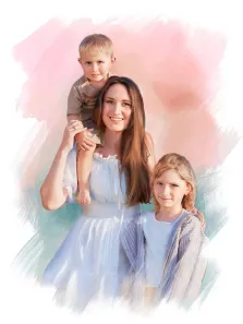 Семейный портрет в стиле акварель. Женщина в светлом платье держит на плечах маленького мальчика, рядом с ней стоит девочка в светлой одежде. Фон выполнен в нежных акварельных мазках розовых и бирюзовых оттенков, создающих тёплую и уютную атмосферу. Художник Евгения