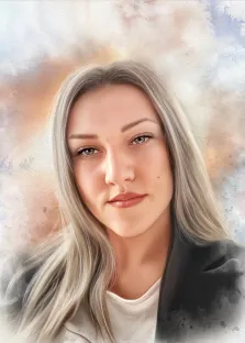Женский портрет в стиле акварель. На картине изображён портрет молодой женщины с длинными светлыми волосами, одетой в светлую футболку и тёмную куртку. Фон выполнен в мягких акварельных тонах с плавными переходами от бежевого к голубому и розовому, создавая лёгкую, мечтательную атмосферу в стиле дрим-арт. Художник Анна