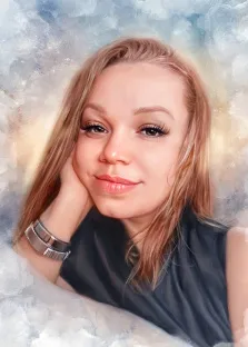 Женский портрет в стиле акварель. На картине изображён портрет молодой женщины с длинными светлыми волосами, одетой в тёмную одежду; она слегка улыбается и опирается щекой на руку, украшенную массивным браслетом. Фон выполнен в мягких акварельных тонах с абстрактными облачными узорами, создающими лёгкую, мечтательную атмосферу в стиле дрим-арт. Художник Анна