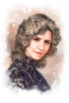 Женский портрет в стиле акварель. На картине изображён портрет женщины с пышными волнистыми волосами, одетой в тёмную одежду с цветочным узором. Фон выполнен в мягких пастельных тонах с лёгкими световыми бликами, создающими атмосферу нежности и уюта. Художник Евгения А