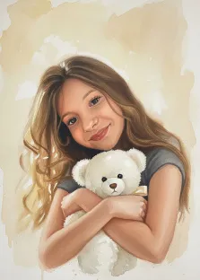 Детский портрет в стиле акварель. На акварельном портрете изображена девочка с длинными волнистыми светло-каштановыми волосами, одетая в серую футболку; она нежно обнимает белого плюшевого медвежонка с жёлтой ленточкой на шее. Её лицо озаряет мягкая, тёплая улыбка, а фон выполнен в светлых, размытых бежево-кремовых тонах, создающих атмосферу уюта и безмятежности. Художник: Ирина