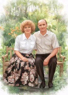 Парный портрет в стиле акварель. На картине изображена пара, сидящая на деревянной скамейке: женщина в белой рубашке и пышной юбке с цветочным принтом, мужчина — в светлой рубашке и тёмных брюках. Фон наполнен сочной зеленью и цветами, создающими атмосферу уюта и спокойствия, словно герои находятся в саду или оранжерее. Художник Анна