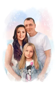 Семейный портрет в стиле акварель. На картине изображён семейный портрет: мужчина, женщина и девочка позируют вместе на фоне нежных акварельных оттенков розового и голубого. Члены семьи выглядят спокойными и счастливыми — женщина и мужчина улыбаются, а девочка сохраняет серьёзное выражение лица, одета в джинсовую куртку и футболку с рисунком. Художник Евгения 