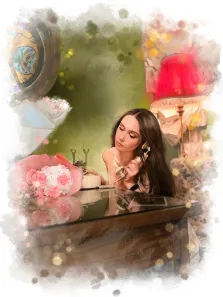 Женский портрет в стиле акварель. На картине изображена молодая женщина с длинными тёмными волосами, задумчиво разговаривающая по старинному телефонному аппарату. На столе перед ней лежит букет нежно-розовых цветов, а тёплый свет лампы и элементы интерьера создают атмосферу уюта и лёгкой ностальгии. Художник Евгения