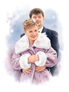 Парный портрет в стиле акварель. На картине изображён свадебный портрет пары: женщина в светло-лиловом пальто с белой меховой отделкой, с аккуратной причёской, украшенной цветами, и мужчина в тёмном костюме с бутоньеркой. Оба улыбаются, мужчина нежно обнимает женщину за талию; фон выполнен в мягких акварельных тонах с лёгкими световыми бликами, создающими романтичную атмосферу. Художник  Евгения