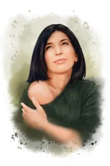 Женский портрет в стиле акварель. На картине изображён портрет женщины с тёмными волосами до плеч, одетой в тёмно-зелёный свитер. Она смотрит вверх с лёгкой улыбкой, её поза расслаблена, а фон выполнен в мягких акварельных тонах с размытыми пятнами, создающими мечтательную атмосферу. Художник Евгения