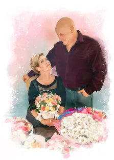 Парный портрет в стил акварель. На картине изображена пара: мужчина в тёмной рубашке нежно смотрит на женщину, которая держит в руках корзину с яркими цветами. Вокруг них разбросаны пышные букеты, а фон выполнен в нежных акварельных оттенках розового и голубого, создавая тёплую и романтичную атмосферу. Художник Евгения