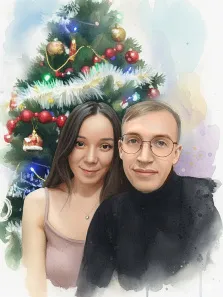 Парный портрет в стиле акварель. На акварельной картине изображены улыбающиеся мужчина и женщина, стоящие рядом на фоне украшенной новогодней ёлки. Ёлка декорирована красными и золотыми шарами, гирляндами и мишурой, а мягкие акварельные переходы фона создают тёплую и праздничную атмосферу. Художник Ирина