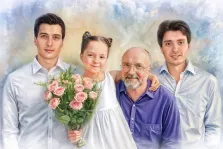 Семейный портрет акварель. На портрете изображена семья из пяти человек: двое молодых мужчин в светлых рубашках, девочка в белом платье с букетом розовых роз, а также пожилой мужчина в очках и фиолетовой рубашке, которого девочка обнимает за плечо. Все персонажи выглядят счастливыми и сплочёнными, фон выполнен в мягких акварельных тонах, создающих тёплую и уютную атмосферу. Художник: Анна