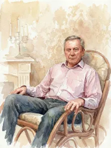 Мужской портрет в стиле акварель. На акварельном портрете изображён пожилой мужчина в светло-розовой рубашке и тёмных брюках, сидящий в деревянном кресле с мягкой обивкой. На заднем плане видны канделябр на столике и обои с неярким орнаментом, создающие атмосферу уюта и спокойствия. Художник Анна
