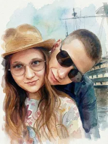 Парный портрет в стиле акварель. На акварельной картине изображены двое молодых людей: девушка в соломенной шляпе и круглых очках, с нежной улыбкой, и парень в тёмных солнечных очках, слегка наклонившийся к ней. На заднем плане виднеется силуэт корабля, создающий атмосферу морского путешествия или прогулки у причала. Художник Ирина