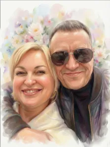 Парный портрет в стиле акварель. На портрете изображена улыбающаяся пара: женщина с короткими светлыми волосами в светлом наряде и мужчина в тёмных очках и кожаной куртке, обнявший её за плечи. Фон выполнен в нежных акварельных тонах с цветочным орнаментом, создающим лёгкую и романтичную атмосферу. Художник: Ирина