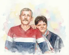 Парный портрет в стиле акварель. На акварельном портрете изображены мужчина и женщина: мужчина в свитере с горизонтальными полосами красного, белого и синего цветов, с аккуратными усами и спокойным взглядом; женщина в тёмной одежде с цветочным шарфом нежно положила руку ему на плечо. Фон выполнен в мягких пастельных тонах, создавая тёплую и душевную атмосферу. Художник: Ирина