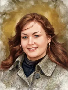 Женский портрет под акварель. На портрете изображена женщина с длинными волнистыми каштановыми волосами и яркими голубыми глазами; она тепло улыбается, одета в серое пальто поверх тёмной водолазки и носит крупные золотые серьги-кольца. Фон выполнен в мягких, приглушённых жёлто-серых тонах, создающих ощущение уюта и лёгкой художественной небрежности. Художник: Анна