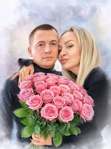 Парный портрет акварель. На портрете изображена пара: мужчина с короткими тёмными волосами в чёрной водолазке и женщина с длинными светлыми волосами, нежно обнимающая его за плечо. В их руках — пышный букет розовых роз, а фон выполнен в мягких акварельных тонах, создающих романтичную и тёплую атмосферу. Художник: Анна 