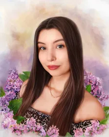 Flower Art, художник Анна М На изображении представлен портрет молодой женщины, выполненный в стиле цифровой живописи. У нее длинные, прямые, темно-каштановые волосы с тонкими светлыми бликами, которые обрамляют ее лицо.  Flower Art, художник Анна М