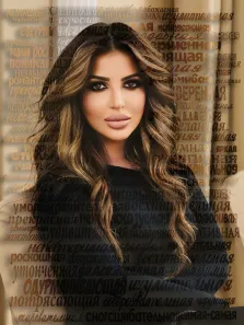 Женский портрет из слов. На портрете изображена женщина с длинными волнистыми светло-каштановыми волосами и выразительным взглядом, одетая в тёмную одежду; её лицо обрамлено мягкими тенями, подчёркивающими черты. Фон заполнен множеством эпитетов, описывающих её красоту и характер — такие слова, как «одурманивающая», «восхитительная», «неповторимая», создают эффект восхищения и подчёркивают её обаяние. Художник: Ирина