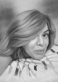 Женский портрет в стиле карандаш. На портрете изображена женщина с длинными светлыми волосами, частично закрывающими лицо; она лежит, укрытая тканью с геометрическим узором, и смотрит прямо на зрителя с лёгкой полуулыбкой. Работа выполнена в чёрно-белой гамме с тщательной проработкой штриховки и мягких переходов света и тени. Художник: Антонина