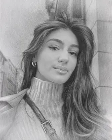 Женский портрет в стиле карандаш. На портрете изображена молодая девушка с длинными волнистыми волосами, в высоком ребристом свитере и с крупной серьгой-кольцом; через плечо виден ремешок сумки. Её взгляд спокоен и немного задумчив, а мягкие штрихи карандашного рисунка подчёркивают естественность и лёгкую улыбку на лице. Художник: Татьяна 