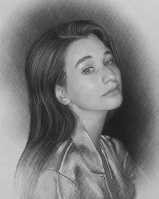 Женский портрет в стиле карандаш. На портрете изображена молодая девушка с длинными прямыми волосами, в лёгкой рубашке с воротником; её взгляд направлен чуть вверх, а на лице — мягкая, задумчивая улыбка. Тонкая штриховка и плавные переходы оттенков подчёркивают нежность образа, а минималистичный фон акцентирует внимание на чертах лица. Художник: Татьяна 