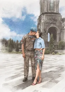 Карандаш, художник Татьяна Н Изображение представляет собой иллюстрацию пары, целующейся на фоне архитектурного сооружения. Карандаш, художник Татьяна Н