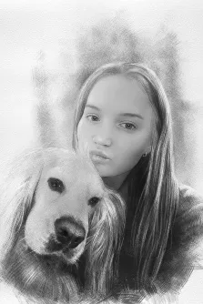 Женский портрет в стиле карандаш. На картине в графической технике изображена девушка с длинными прямыми волосами, которая нежно прижимается щекой к голове крупной собаки. Монохромная гамма и мягкие штрихи создают атмосферу спокойствия и близости между человеком и животным. Художник Татьяна