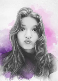 Женский портрет в стиле карандаш. На картине изображёна девушка с длинными волнистыми волосами; она смотрит прямо на зрителя и делает забавное выражение лица, будто посылает воздушный поцелуй. Фон выполнен в нежных акварельных оттенках розового и фиолетового, что придаёт работе лёгкость и романтичность. художник Татьяна
