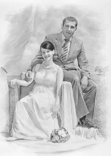 Парный портрет в стиле карандаш. На картине изображён свадебный портрет пары: женщина в элегантном светлом платье с букетом цветов сидит рядом с мужчиной в строгом костюме и галстуке. Оба выглядят счастливыми, их позы и выражения лиц передают атмосферу торжественности и нежности момента. Художник Татьяна