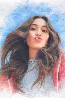 Женский портрет в стиле карандаш. На картине изображён портрет молодой женщины с длинными волнистыми волосами, одетой в светло-серый свитер и красную куртку. Она смотрит прямо на зрителя, слегка поджимая губы, а фон выполнен в голубых мазках, создающих ощущение лёгкости и воздушности. Художник Татьяна