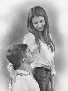 Парный портрет в стиле карандаш. На карандашном рисунке изображена влюблённая пара: девушка с длинными волосами в светлой рубашке и джинсах нежно улыбается, склоняясь к парню, а её рука лежит у него на плече. Парень в рубашке смотрит на девушку снизу вверх, создавая атмосферу трогательной близости и нежности. Художник Антонина