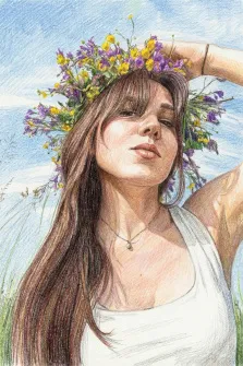 Женский портрет в стиле карандаш. На рисунке изображена молодая девушка с длинными каштановыми волосами, одетая в белую майку, с венком из полевых цветов (жёлтых и фиолетовых) на голове. Она слегка запрокинула голову назад, закрыла глаза и выглядит умиротворённой, а на фоне видны голубое небо и зелёная трава, создающие ощущение тёплого летнего дня. Художник Ирина