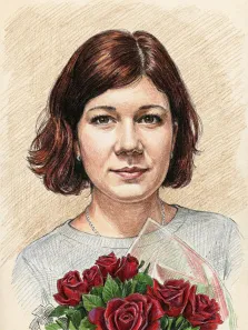 Женский портрет карандаш. На портрете изображена женщина с короткими каштановыми волосами, в светлом свитере и с изящным ожерельем; её лицо выражает спокойствие и лёгкую улыбку. В руках она держит пышный букет алых роз, который добавляет композиции торжественности и тепла. Художник: Ирина