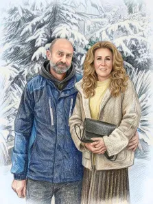 Парный портрет в стиле карандаш. На портрете изображены мужчина и женщина, стоящие рядом на фоне заснеженного леса: мужчина в синей куртке с капюшоном, с короткой стрижкой и седеющей бородой, а женщина — в светлой куртке, жёлтом свитере и длинной юбке, с объёмными светлыми локонами, держащая в руках чёрную сумочку. Их позы и выражения лиц передают спокойствие и близость, а зимний пейзаж позади добавляет композиции ощущение уюта и гармонии. Художник: Ирина