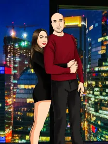 Парный портрет в стиле комикс. На портрете изображены мужчина в бордовом свитере и чёрных брюках и женщина в чёрном облегающем платье; они стоят на фоне ночного города с яркими огнями небоскрёбов, женщина обнимает мужчину за талию. Художник: Олеся 