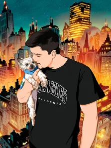 Мужской портрет в стиле комикс. На портрете изображён молодой человек в чёрной футболке с надписью «Los Angeles, California», который нежно целует в голову маленькую пушистую собачку в голубом шарфе; на фоне — яркий ночной городской пейзаж с освещёнными небоскрёбами и звёздным небом. Художник: Ольга 