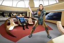 Портрет мужчин в стиле комикс. На иллюстрации изображены два персонажа в футуристическом интерьере космического корабля: один сидит в кресле в синей униформе и приветливо машет рукой, другой стоит в массивном защитном костюме с эмблемой на груди, держа в руке светящийся фиолетовый меч. На заднем плане виден экран с изображением космического корабля на орбите планеты. Художник Анастасия