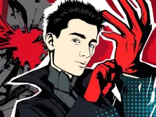 Мужской портрет в стиле комикс. На картине изображён молодой человек с короткими тёмными волосами в тёмной одежде, его лицо выражает спокойствие и лёгкую задумчивость. На фоне доминируют контрастные красные и чёрные элементы, среди которых выделяется крупная ярко-красная рука, словно взаимодействующая с персонажем, создавая драматическую и напряжённую атмосферу. Художник Александра