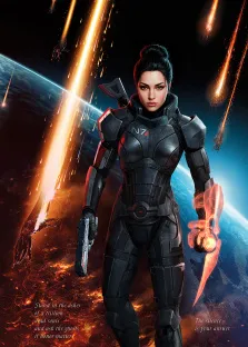 Женский портрет в стиле комикс. На картине изображена женщина-солдат в футуристическом чёрном бронескафандре, держащая в одной руке пистолет, а в другой — светящееся энергетическое оружие. На фоне — космическая сцена с падающими метеоритами, планетой и драматическими световыми лучами, а внизу размещены философские надписи на английском языке. Художник Ирина