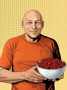 Мужской портрет в стиле комикс. На картине изображён улыбающийся лысый мужчина в оранжевой футболке, который держит большую белую миску, наполненную спелой клубникой. Фон выполнен в светло-жёлтых тонах с характерным для поп-арта узором из зелёных точек. Художник Ирина