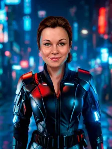 Женский портрет в стиле комикс. На портрете изображена женщина с аккуратной причёской и тёплой улыбкой, одетая в футуристический чёрный костюм с элементами брони и светящимися синими и красными акцентами. На фоне — неоновый городской пейзаж в стиле киберпанк, создающий атмосферу динамичного и технологичного мира. Художник: Ирина