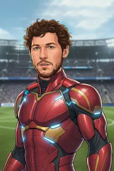 Мужской портрет в стиле комикс. На портрете изображён мужчина с кудрявыми каштановыми волосами и аккуратной бородой, одетый в красно-золотой бронированный костюм с светящимися элементами — напоминающий экипировку супергероя. На заднем плане виднеется стадион с трибунами, заполненными зрителями, что создаёт ощущение масштабного события или выступления. Художник: Ирина