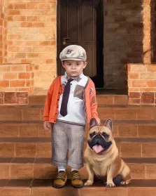 Детский портрет под масло. На портрете изображён мальчик в светлой кепке с эмблемой, оранжевом кардигане, белой рубашке с галстуком, серых брюках и коричневых туфлях; он стоит на кирпичных ступенях перед деревянной дверью и нежно кладёт руку на голову собаки. Рядом с ним сидит расслабленный французский бульдог с высунутым языком, его шерсть светло-коричневая, а мордочка тёмная. Художник: Александра 