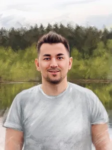 Мужской портрет под масло. На портрете изображён молодой мужчина с аккуратной бородой и стильной причёской, одетый в светлую футболку; его лицо украшает лёгкая улыбка, взгляд открыт и доброжелателен. Фон выполнен в мягких мазках — на нём виден зелёный лес и отражающая поверхность воды, создающая спокойную, природную атмосферу композиции. Художник: Александра 