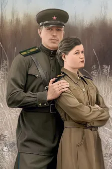 Парный портрет под масло. На портрете изображены мужчина и женщина в военной форме: мужчина в тёмно-зелёной гимнастёрке с погонами и фуражкой с красной звездой обнимает женщину за плечи, а она, одетая в светло-оливковую форму, стоит с скрещёнными руками и серьёзным выражением лица. Фон выполнен в приглушённых тонах с изображением размытого осеннего пейзажа, что подчёркивает сдержанность и торжественность образа. Художник: Антонина