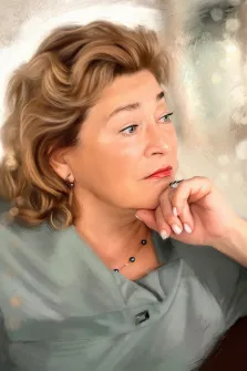 Женский портрет под масло. На портрете изображена женщина с мягкими волнистыми светло-каштановыми волосами, в светло-зелёной блузе; она задумчиво опирается подбородком на руку, её взгляд устремлён в сторону, выражая лёгкую грусть или раздумье. Украшения — изящные серьги, тонкое ожерелье с тёмными бусинами и кольцо — подчёркивают её утончённость, а фон с размытыми светлыми пятнами создаёт атмосферу лёгкой мечтательности. Художник: Александра 