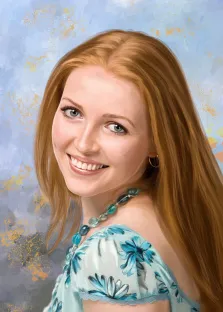 Женский портрет под масло. На портрете изображена молодая женщина с длинными рыжими волосами и лучезарной улыбкой; она одета в лёгкое голубое платье с цветочным принтом, дополненное бирюзовым ожерельем и небольшими серьгами-кольцами. Фон выполнен в мягких голубых и золотистых тонах, создающих лёгкую и жизнерадостную атмосферу. Художник: Александра 