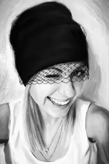 Женский портрет под масло. На портрете изображена улыбающаяся женщина с прямыми светлыми волосами, в чёрной шапке с сетчатой вуалью, частично прикрывающей лицо. Она одета в светлую майку и носит несколько тонких цепочек с подвесками на шее. Художник: Александра 