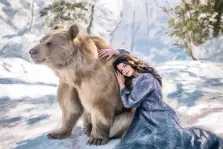 Женский портрет под масло. На портрете изображена молодая женщина с длинными волнистыми волосами, в длинном сером платье, нежно обнимающая крупного бурого медведя. Сцена разворачивается на фоне заснеженного леса с елями, создавая атмосферу гармонии между человеком и природой. Художник: Александра 